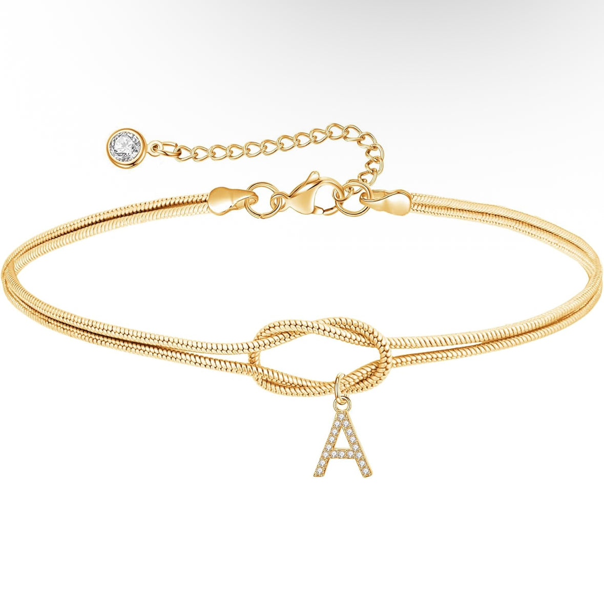 14K Gold Plated CZ Letter Bracelet- Adjustable Infinity Knot