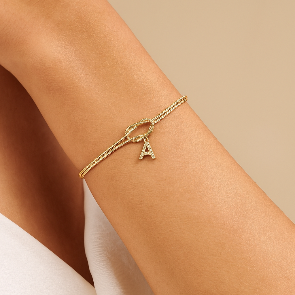 14K Gold Plated CZ Letter Bracelet- Adjustable Infinity Knot